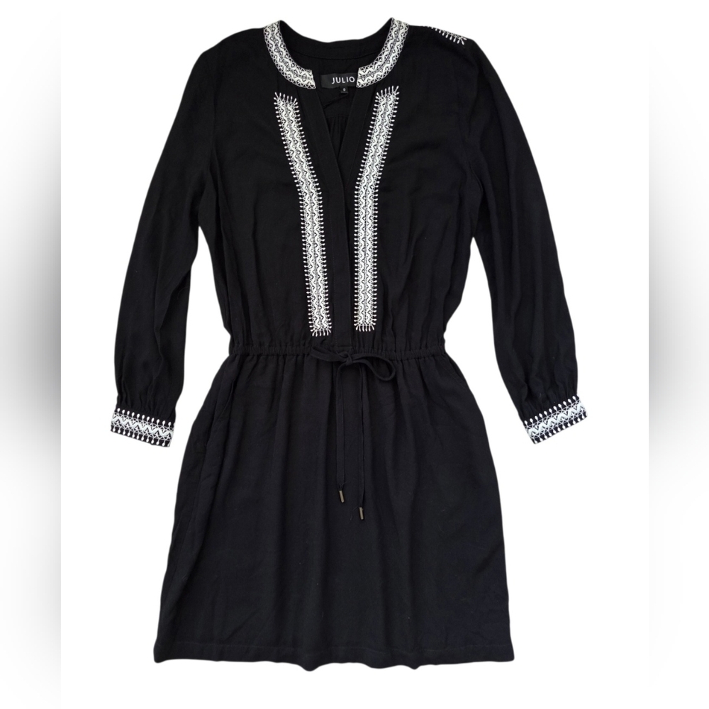 JULIO Black Embroidered Tunic Dress Size 8 Long Sleeve Boho Peasant Festival NEW